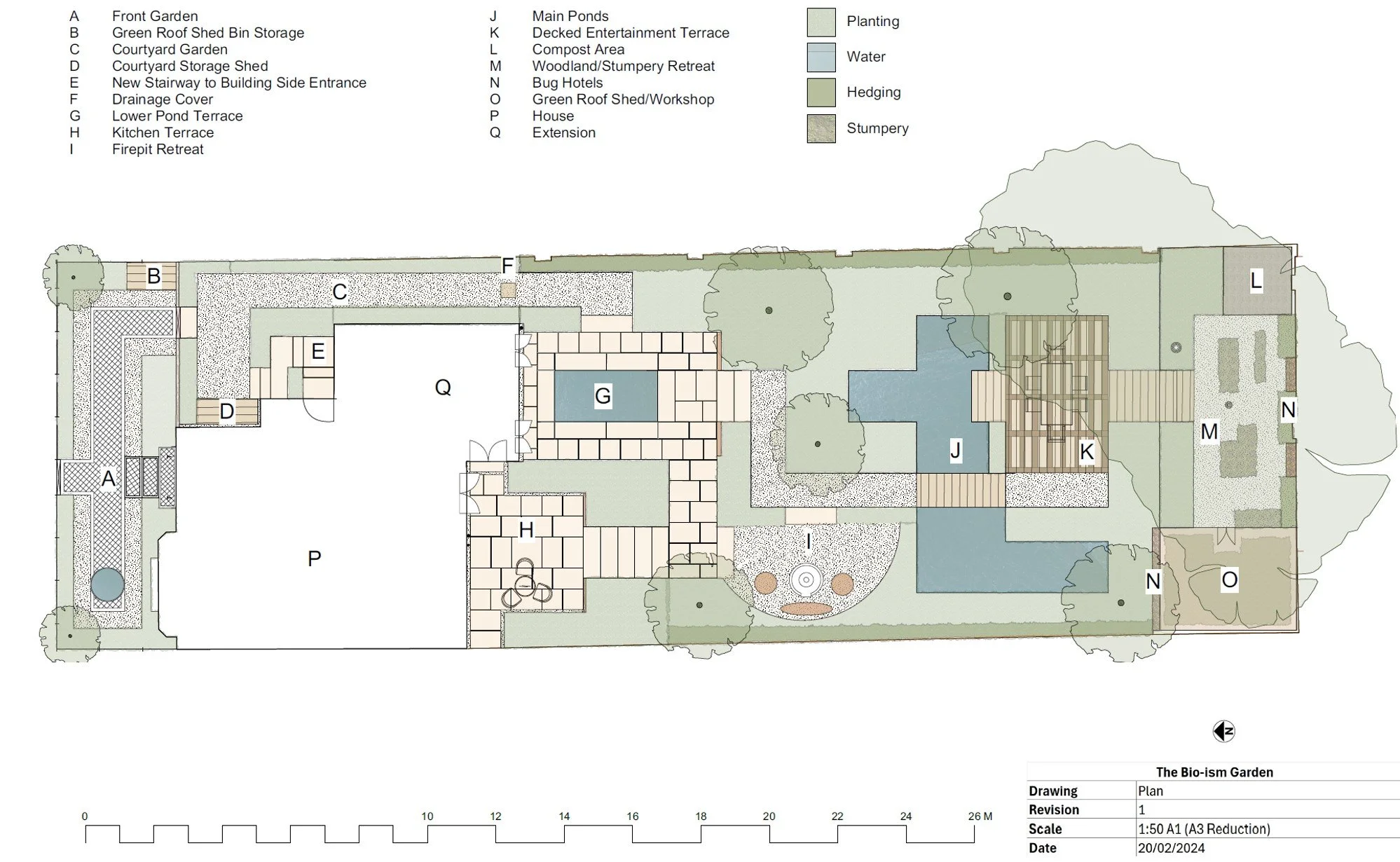 A detailed design plan of a garden layout labeled as The Bio-ism Garden, showing various sections such as a front garden, green roof shed bin storage, courtyard garden, greenhouse, main ponds, decking entertainment terrace, compost area, woodland retreat, bug hotels, green roof shed/workshop, house, and extension. The plan includes features like planting areas, water bodies, hedging, and stumpery.