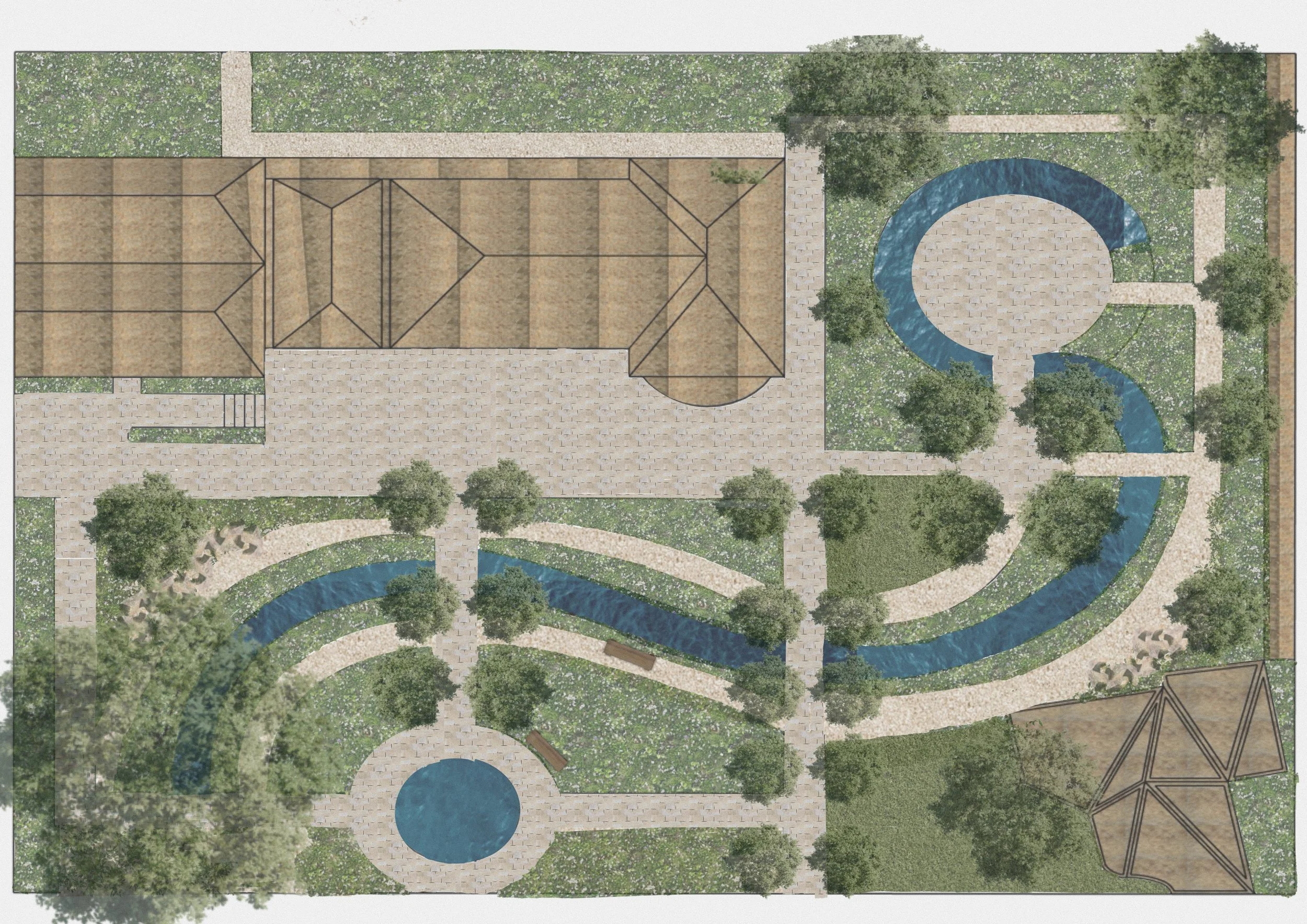 A landscaped garden plan featuring a winding water feature, paved walkways, benches, trees, and a central circular pool, with a building structure on the left side.