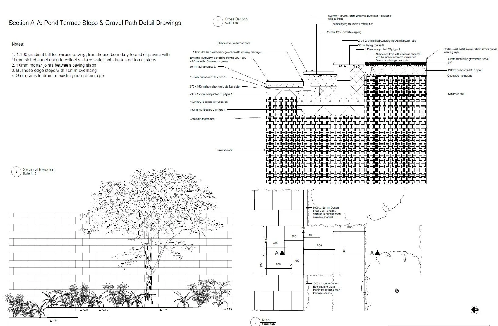 Technical drawing showing a pond terrace with steps and gravel path, including cross section, sectional elevation of landscaping, and plan view.