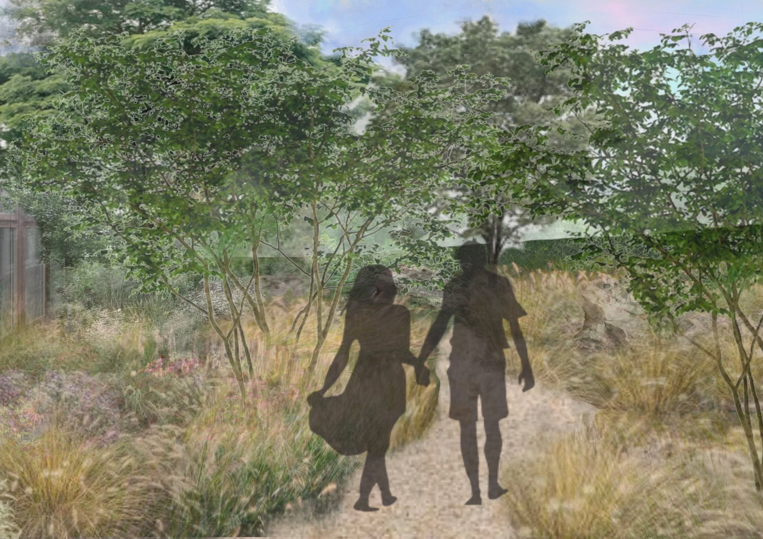 Silhouettes of a man and a woman holding hands walking through a nature trail with trees and grass.
