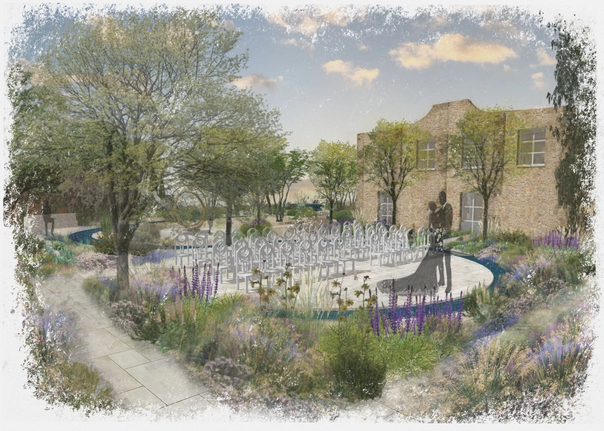 A garden scene with trees, colorful flowers, a paved walkway, and a vintage-style building in the background. There are benches, decorative white chairs arranged in rows, and silhouettes of a couple in formal attire in the foreground.