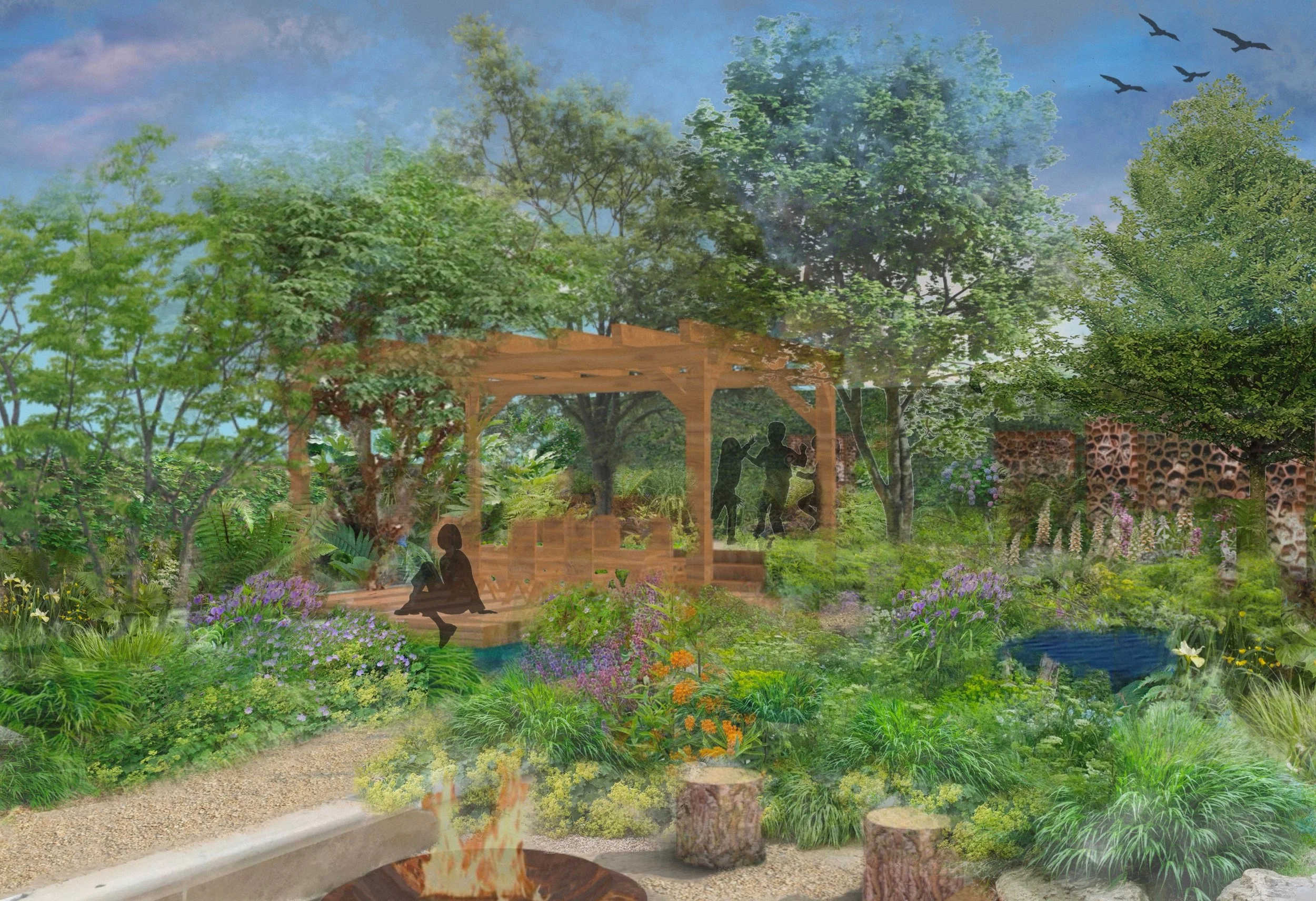 Illustration of a lush garden with a wooden pergola, colorful flowers, trees, a small pond, and a fire pit in the foreground. Silhouettes of people enjoying the garden, some sitting and some playing, with birds flying in the sky.