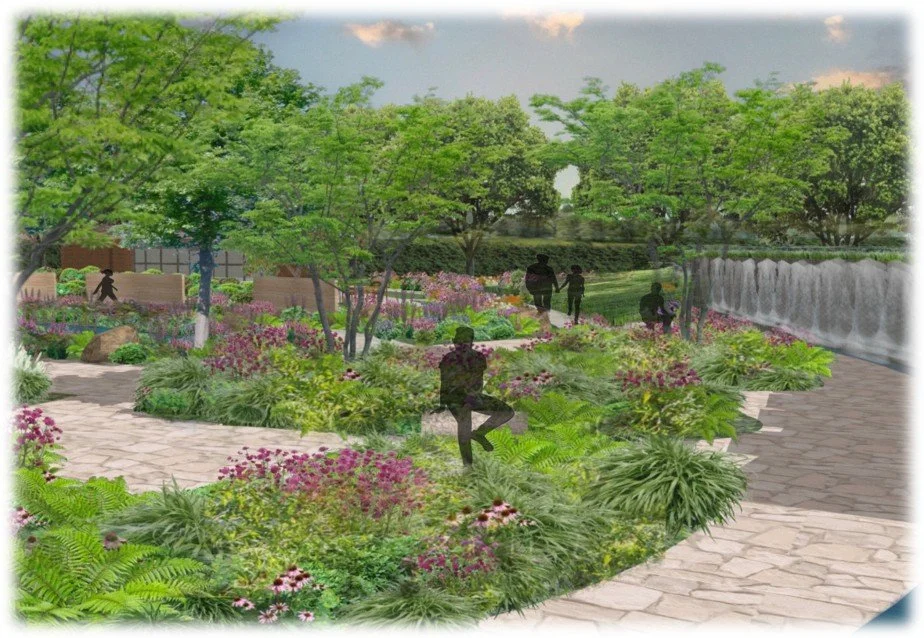 A lush park with green trees, colorful flowers, and people walking or sitting on benches.