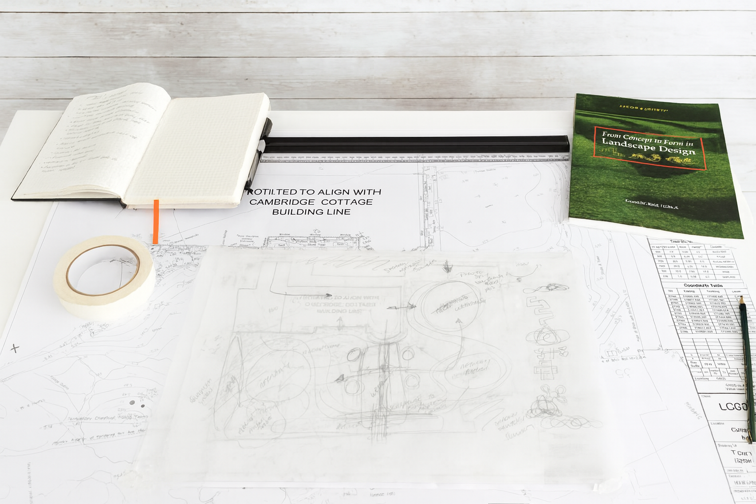 Architectural plans and blueprints on a desk with a notebook, a tape dispenser, and a book titled 'From Concept to Form in Landscape Design'.
