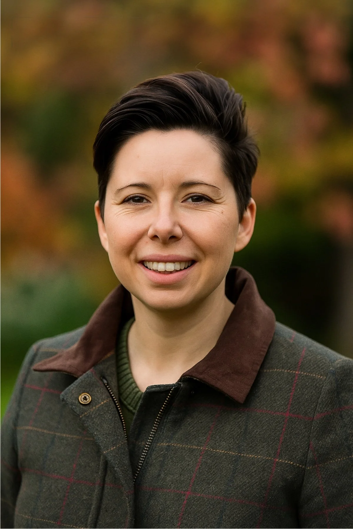 Portrait of a woman with short dark hair, smiling, wearing a plaid jacket with a collar, outdoors with autumn leaves in the background.
