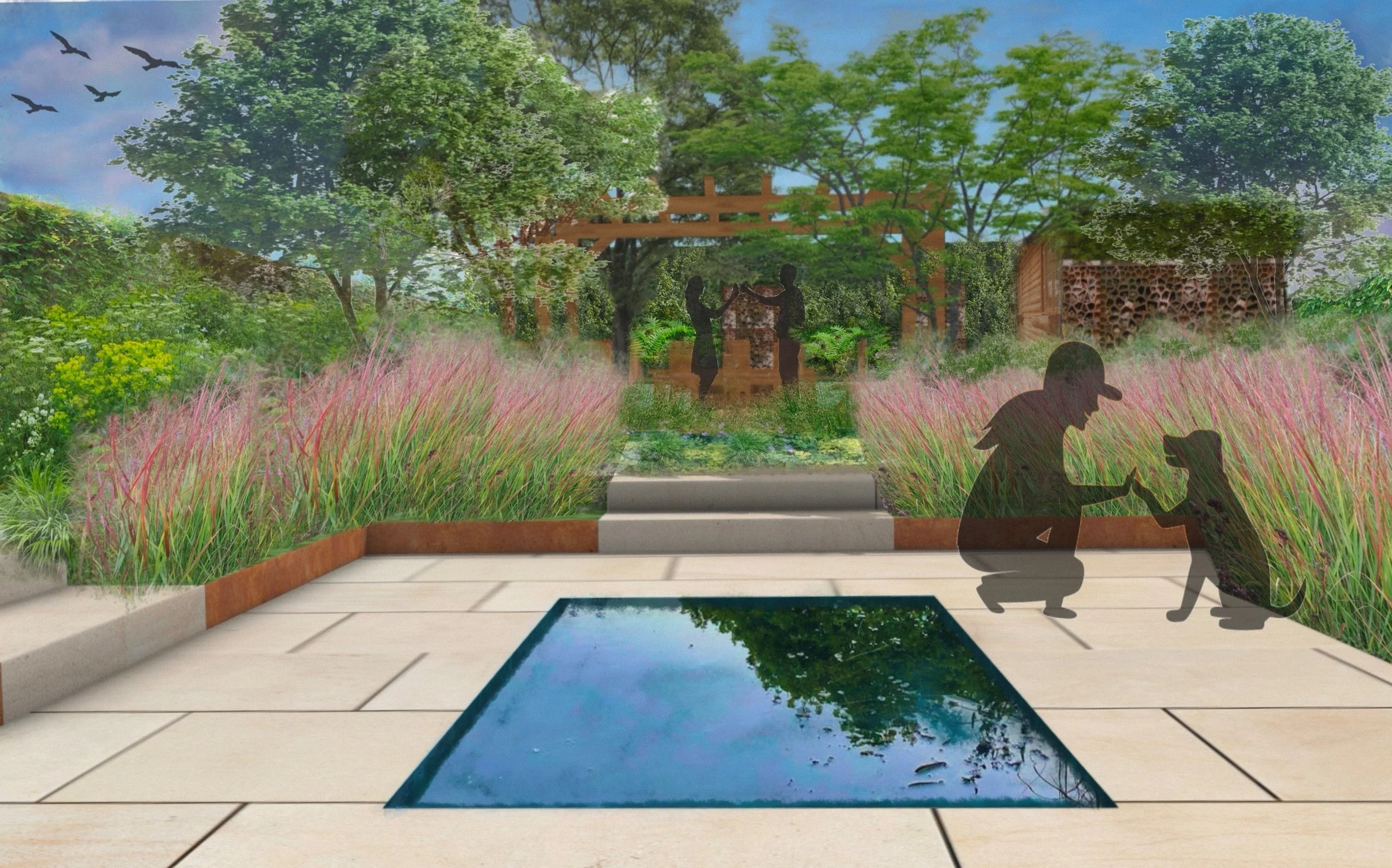 A garden scene with pink grasses, green trees, and a small pool of water reflecting the sky and trees. Silhouettes of two people kneeling and engaging with each other, with a central sculpture of two figures exchanging something, and a building with a patterned wall in the background.