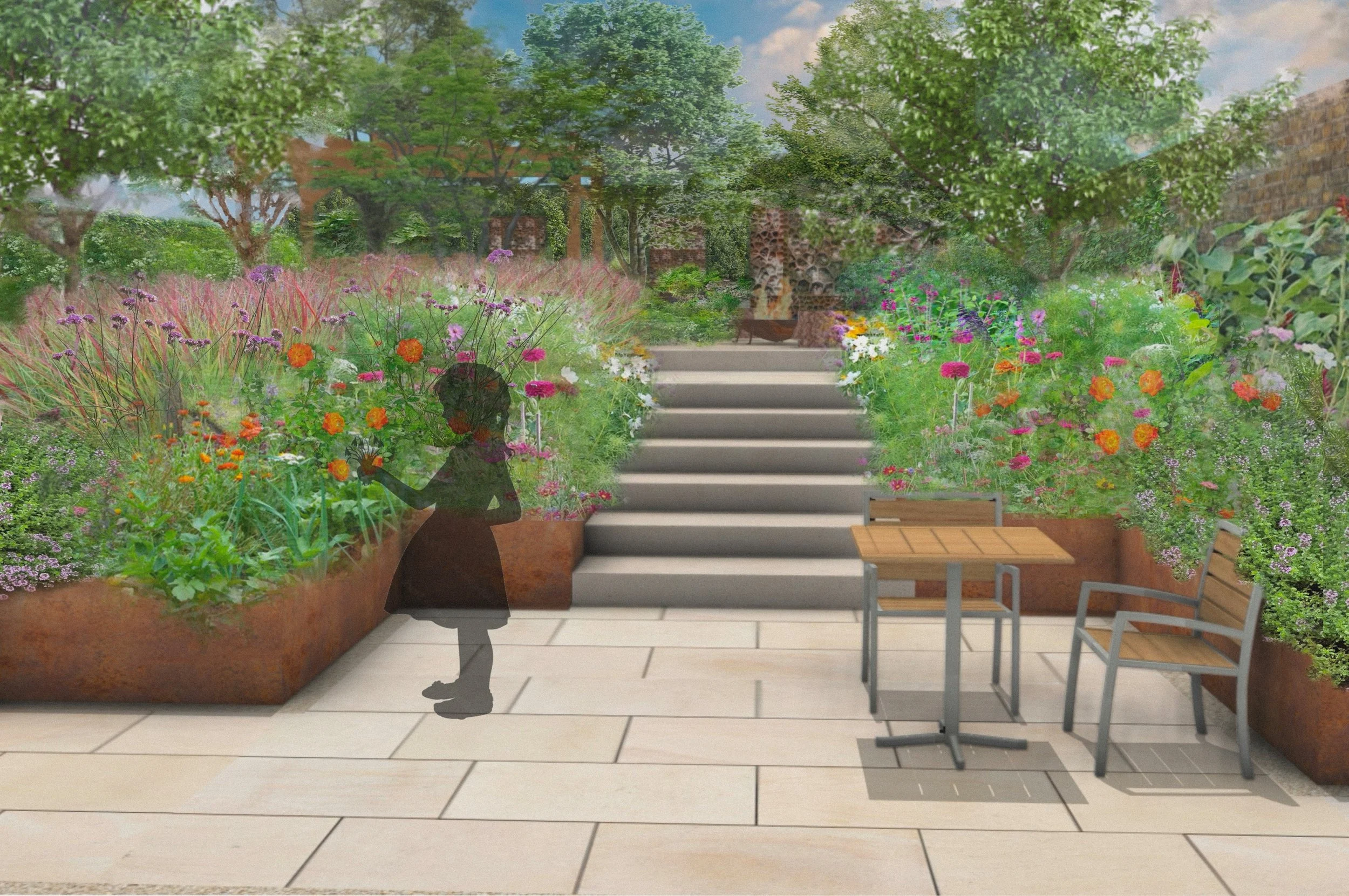 A garden with a paved patio, colorful flower beds, and greenery. There are stairs leading up through the garden, and a small table with two chairs outside. A silhouette of a girl is visible, blending into the scene.
