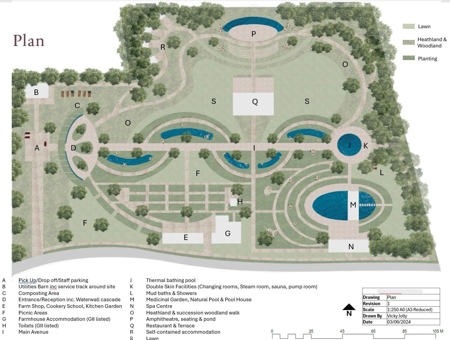 A detailed landscaped park plan showing various features including a main avenue, toilets, farm shop, picnic areas, equestrian facilities, a composting area, water features, and different types of accommodation surrounded by lawns, woodland, and planting areas.