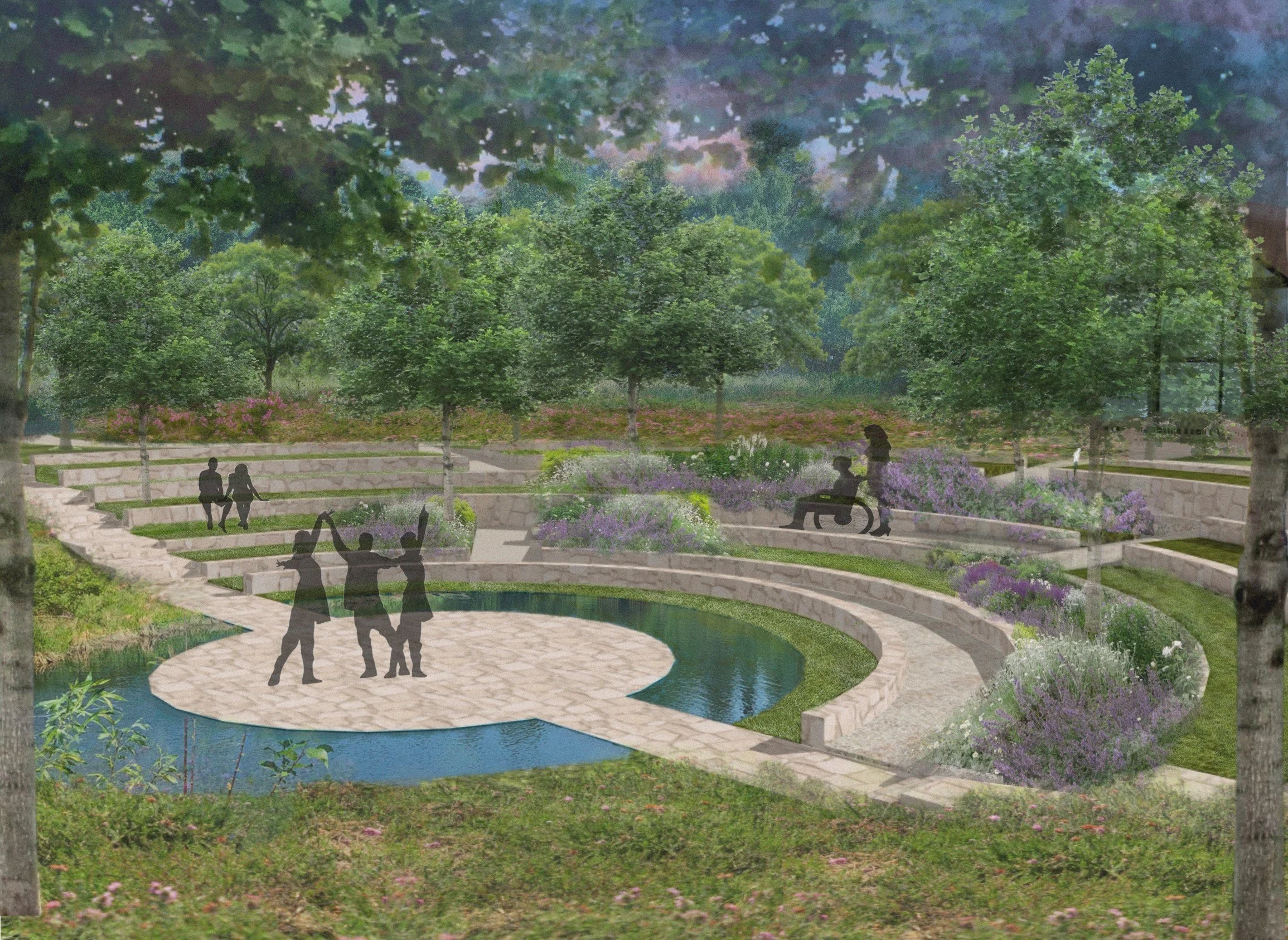 A landscaped park with tiered walkways, trees, benches, a small pond, and people walking, sitting, and enjoying the scenery.