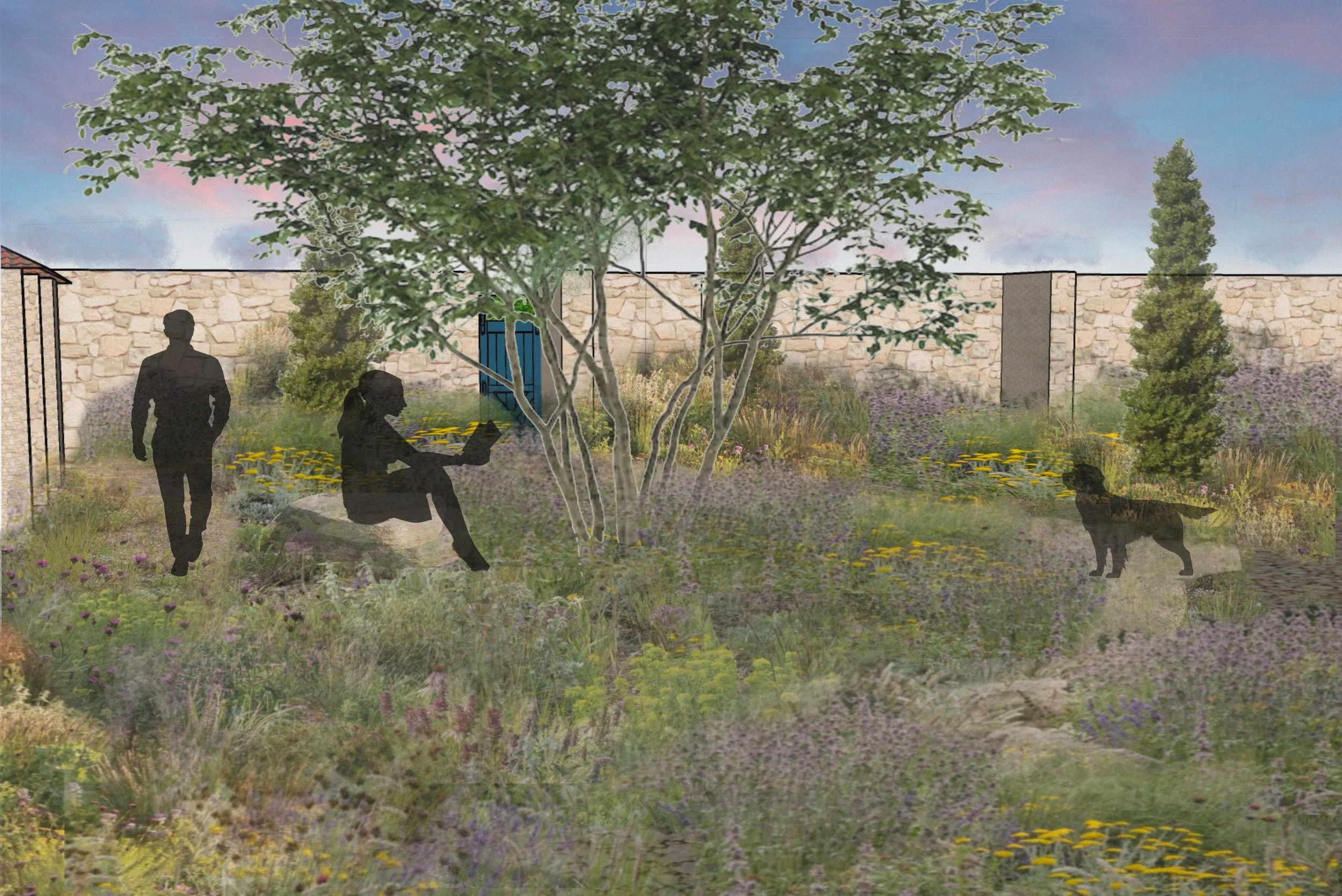 A garden with trees, flowers, and shrubs, with silhouetted people; one walking, one sitting and reading, and a dog.