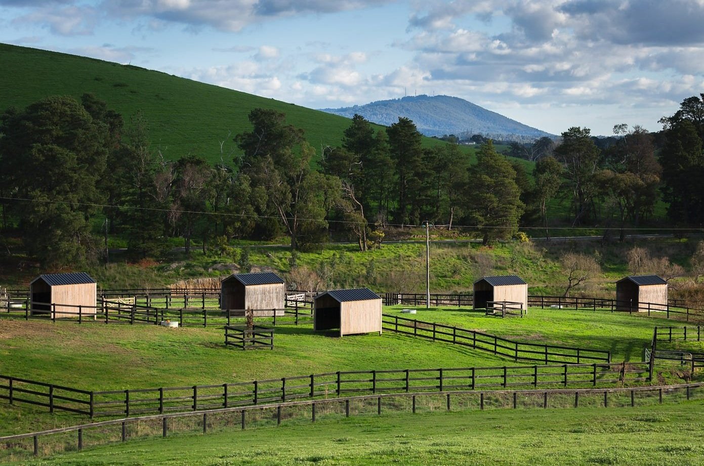 Green rolling hills with small wooden sheds and fencing, trees, and distant mountains under a partly cloudy sky.