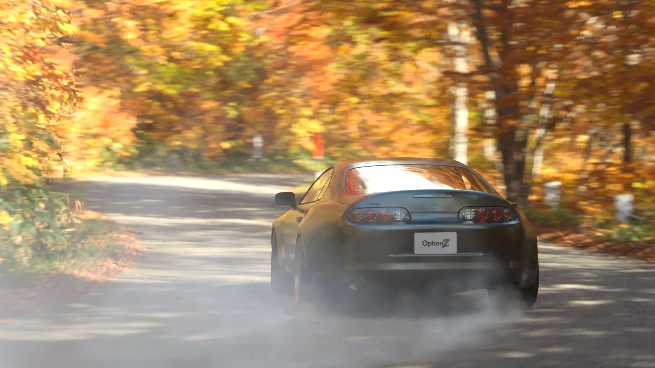 OptionZ Supra power sliding through autumn road