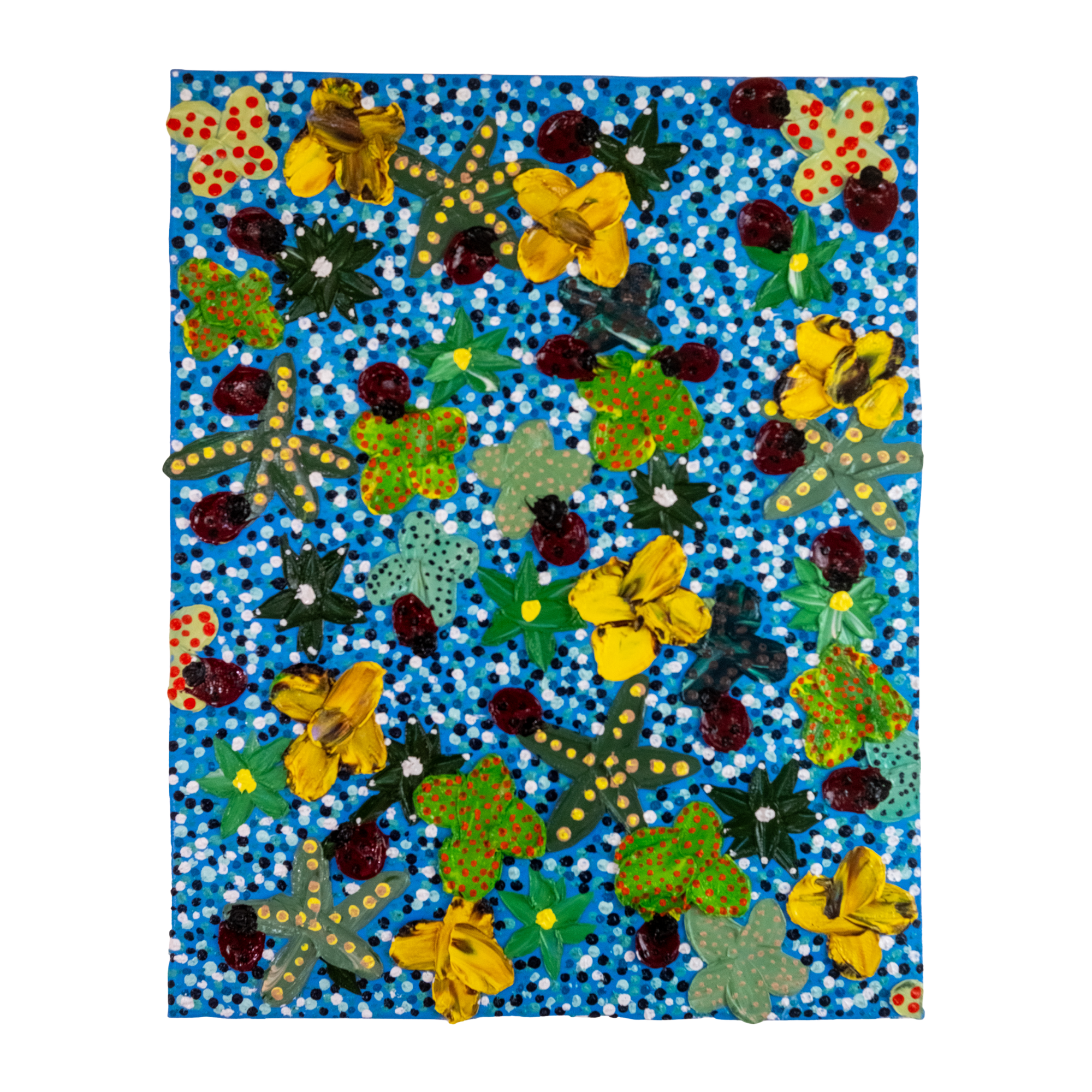 Colorful painting with butterflies, starfish, strawberries, and green foliage on a blue dotted background.