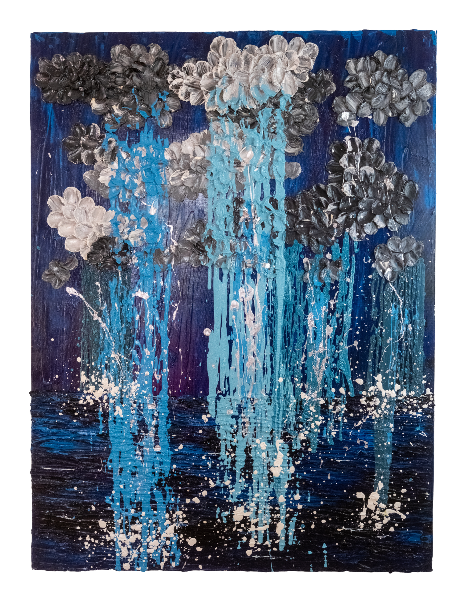 Abstract painting of blue and gray floral clusters with dripping paint, resembling flowers over a dark background with splashes of white and blue paint.