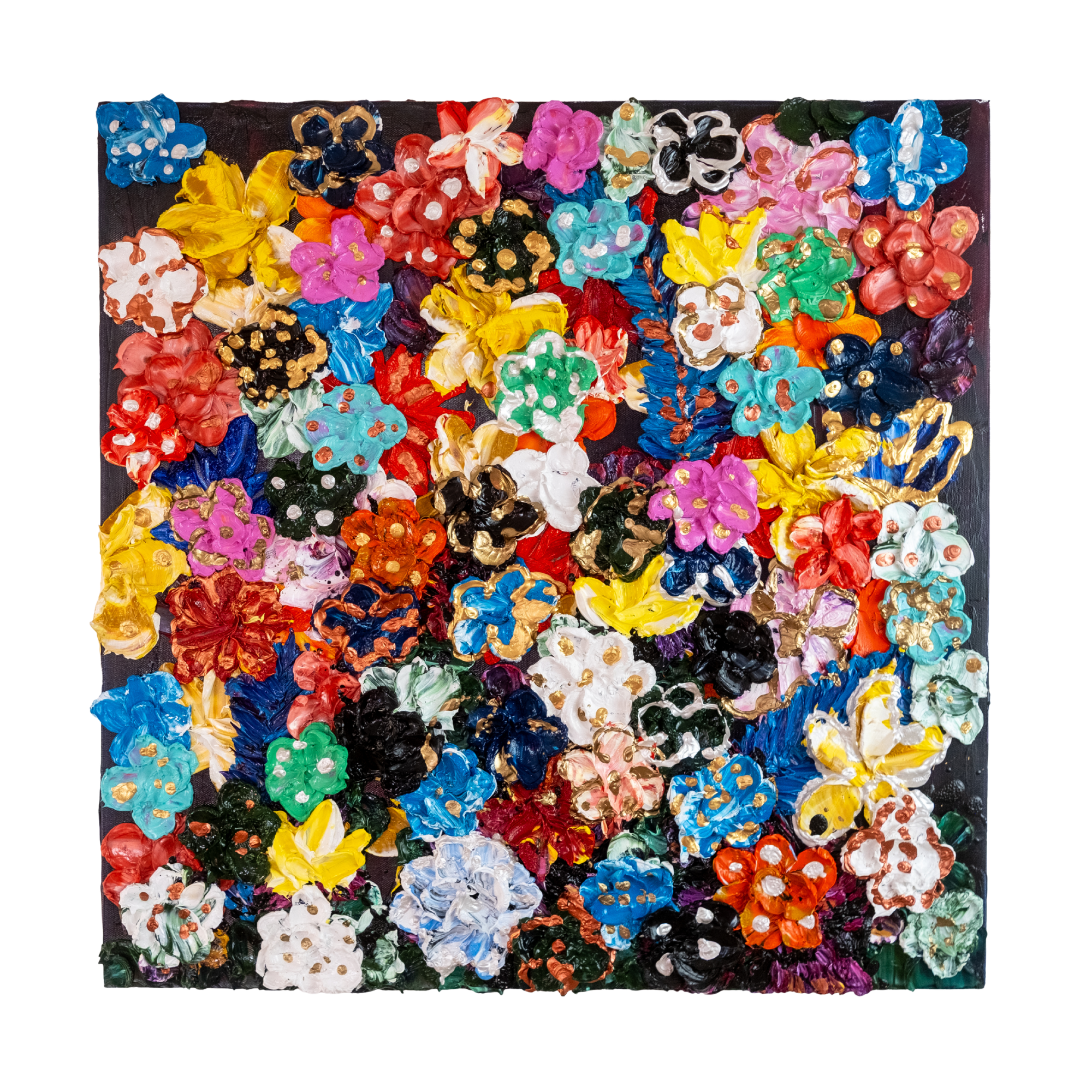 Colorful oil painting of various abstract flowers on a black background.