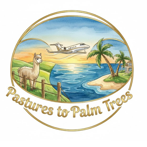 Illustration of a coastal landscape with pastures, palm trees, a llama, the sea, a small house, a setting sun, and an airplane flying in the sky. Text reads "Pastures to Palm Trees".