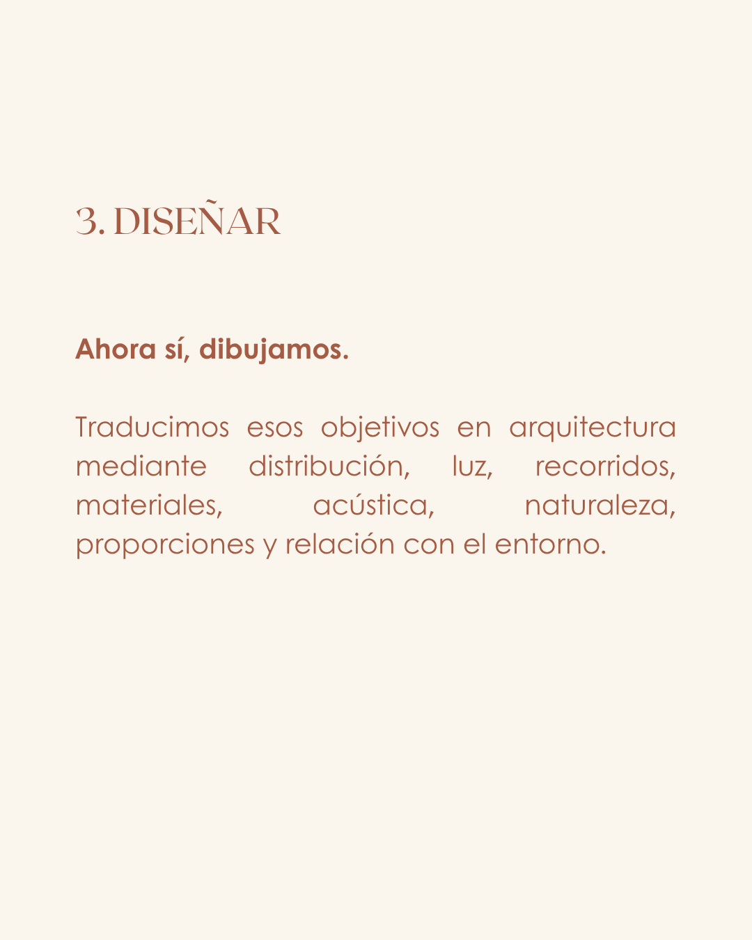 Página de un libro con texto sobre diseño arquitectónico y objetivo de traducir objetivos en arquitectura mediante distribución, luz, recorridos, materiales, acústica, naturaleza, proporciones y relación con el entorno.