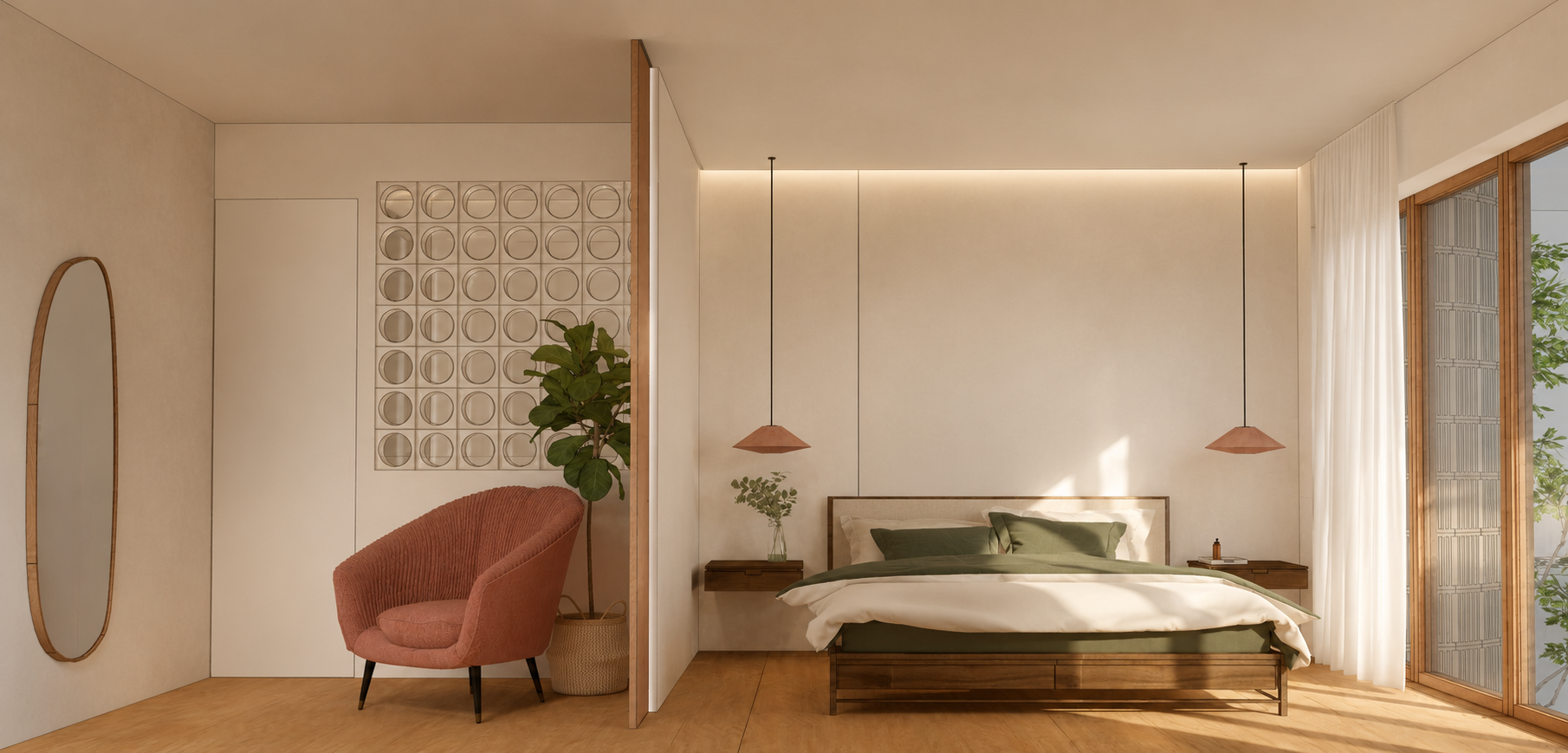 Sala de estar moderna con una cama, lámparas colgantes, una planta y una ventana grande con cortinas de tela blanca.