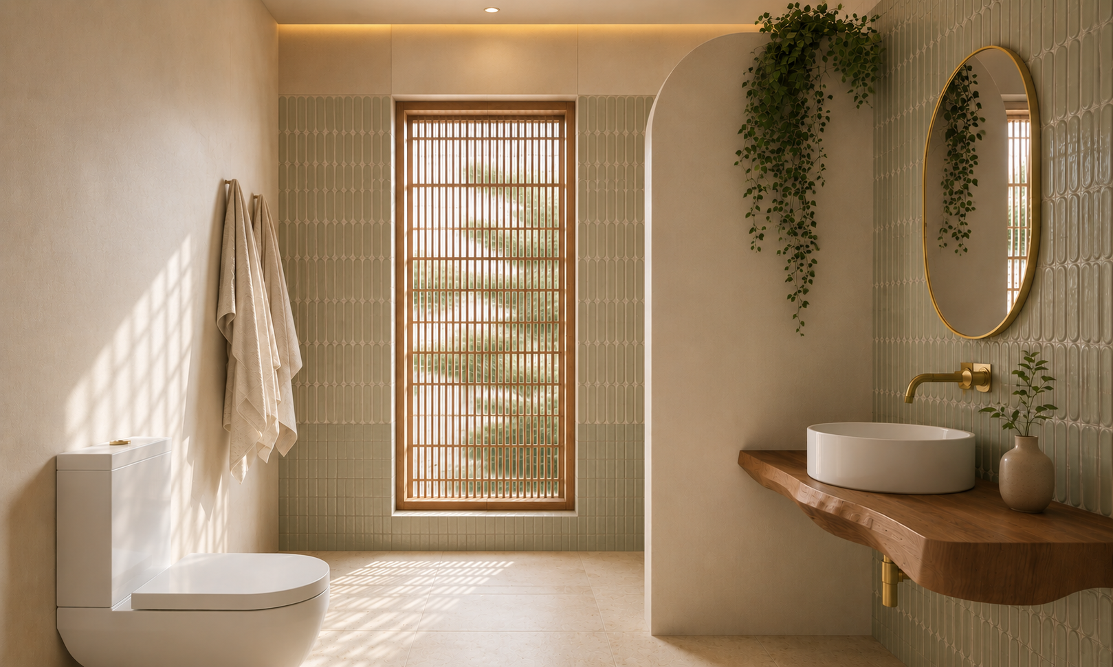 Un baño con pared de azulejos verdes, lavabo de cerámica ovalado en una repisa de madera con planta decorativa, espejo redondo, ventana con persianas de madera, y toallas colgadas.