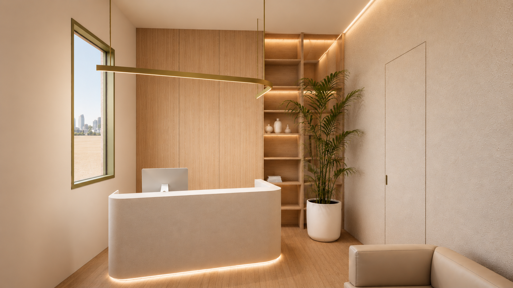 Recepción moderna con escritorio blanco, paredes en tonos beige, estantería de madera, planta en maceta blanca, ventana con vista a edificios y sillón beige.