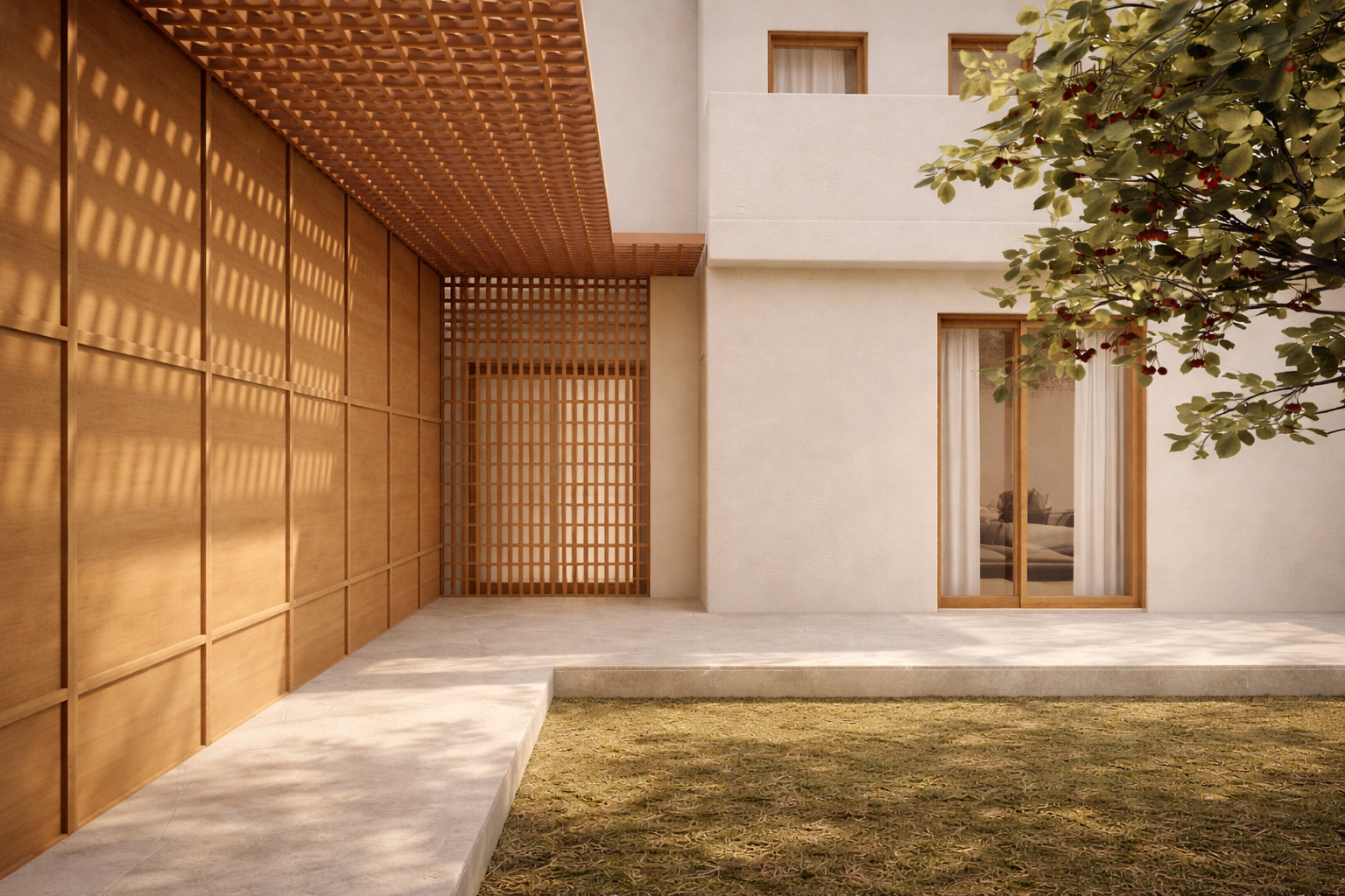 Fachada moderna de casa con paredes blancas, ventanas de madera y estructura de madera en el patio, arbol con ramas y hojas verdes a la derecha, suelo de piedra y césped.