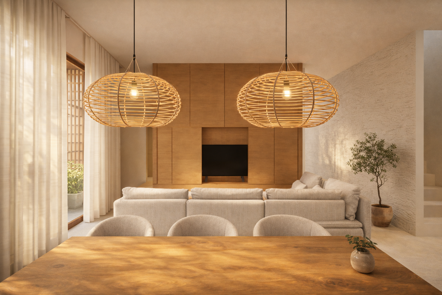 Salón con paredes de color beige, cortinas blancas, mesa de madera en primer plano, sillones de tela gris, lámparas de bambú colgantes, pared de madera con espacio para televisor y planta en maceta.