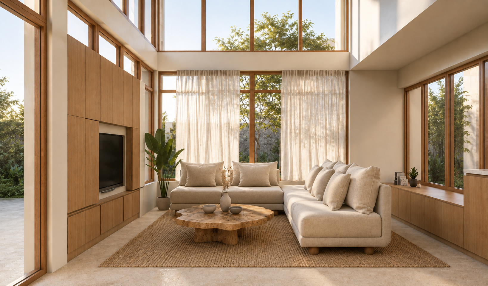 Salón con paredes de madera, grandes ventanas y cortinas blancas, un sofá beige con varias almohadas, una mesa de madera rústica con jarrones, plantas verdes y un área exterior vista