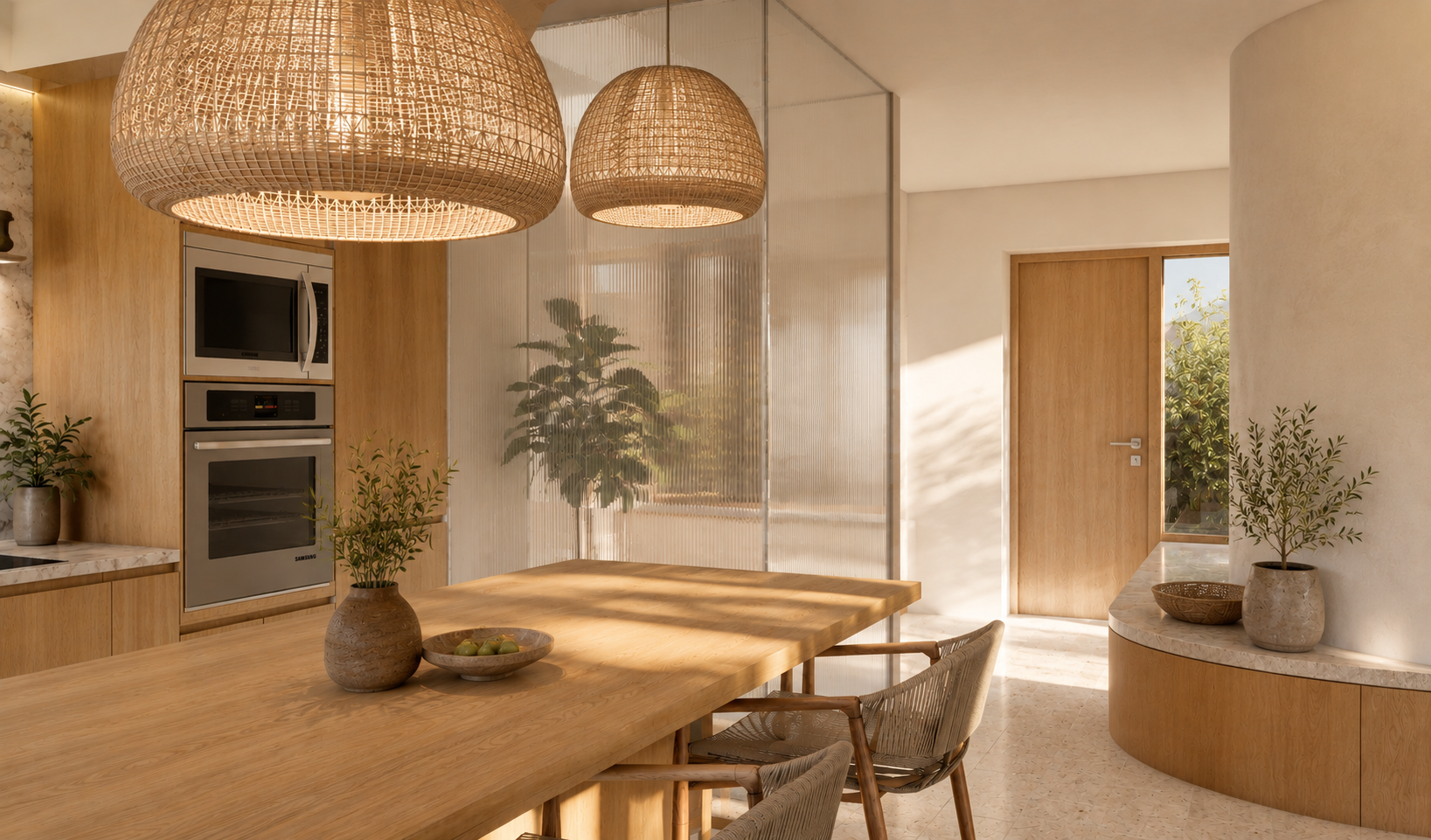 Cocina moderna con mesa de madera y lámparas de mimbre, decorada con plantas en jarrones y una puerta de madera que da al exterior.