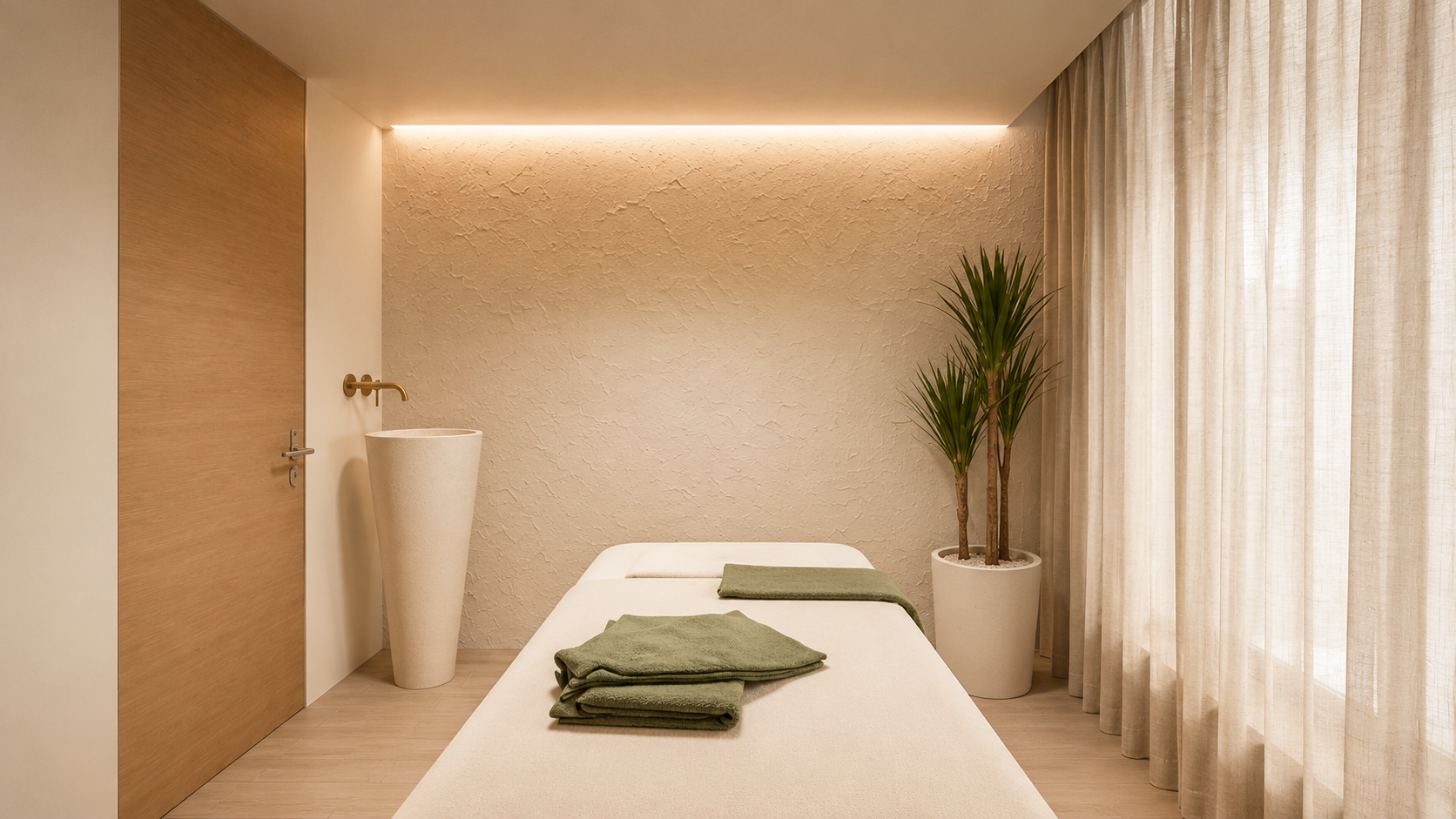Sala de terapia con cama cubierta con toallas verdes, cortinas beige, planta grande en maceta blanca, pared con textura beige, iluminación suave y minimalista.