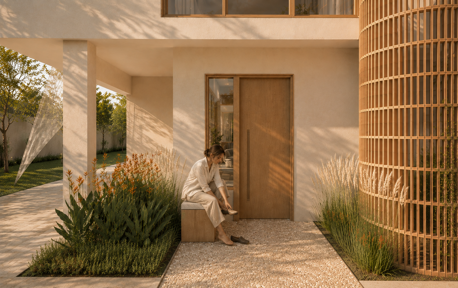 Una mujer se sienta en un banco en la entrada de una casa moderna, colocándose un zapato. La escena es en un patio con plantas y arbustos, con un diseño arquitectónico que combina madera y concreto, en un ambiente soleado y cálido.