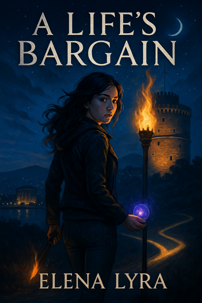 Book cover for 'A Life's Bargain' by Elena Lyra showing a young woman with dark hair holding a glowing orb, with a castle tower and a torch in the background at night.