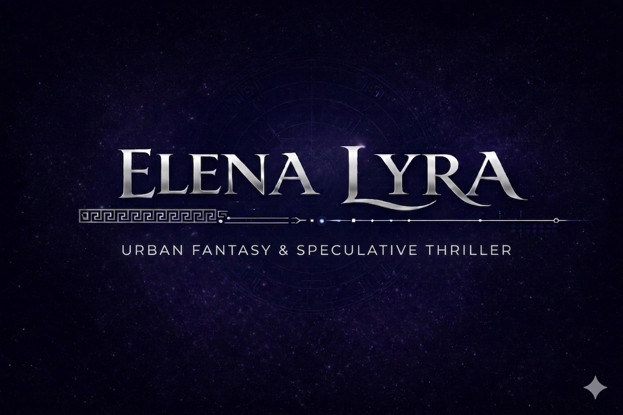 Title card for Elena Lyra, a book or media related to urban fantasy and speculative thriller genres, featuring a starry space background.