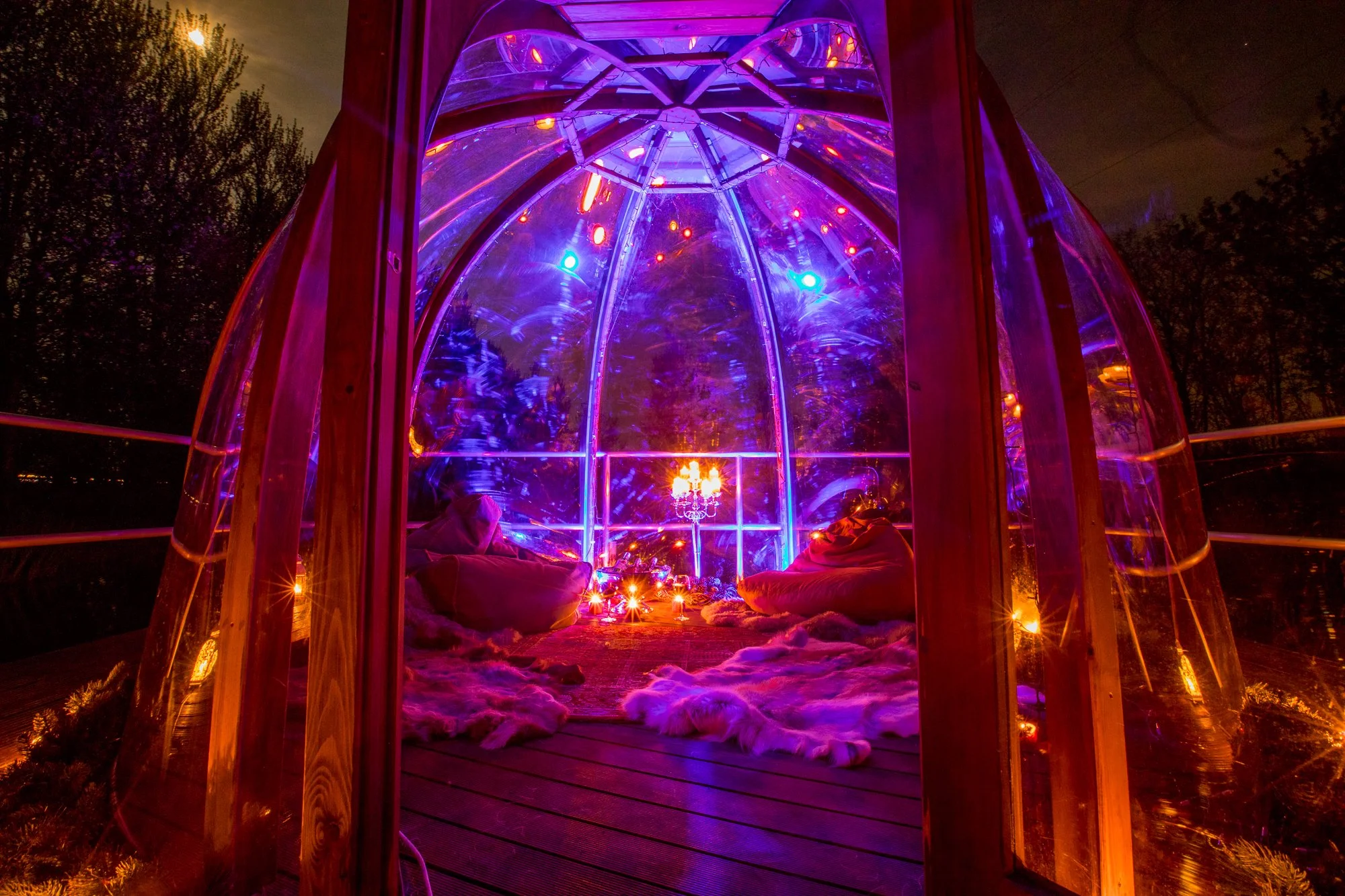 A cozy, glass-enclosed space with purple and pink lighting, featuring plush cushions, rugs, interior lighting, and surrounded by dark trees outside at night.