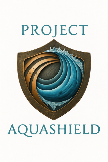Illustration of a shield with waves and layered aquatic elements representing Project Aquashield.