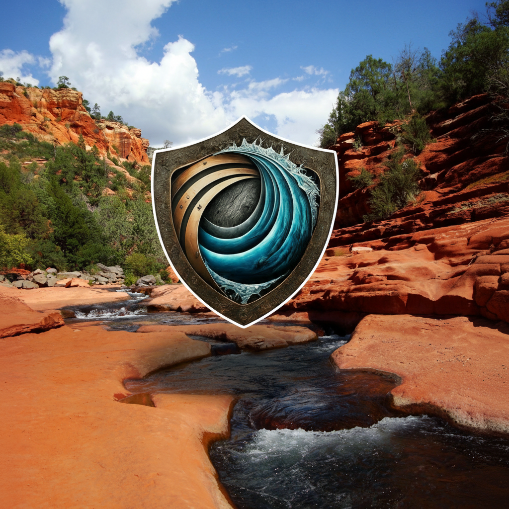 A scenic canyon with red rock formations and a stream flowing through it, overlaid with a graphic of the Project Aquashield logo