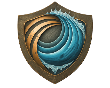 A heraldic shield emblem featuring stylized ocean waves curling inward, surrounded by a decorative border.