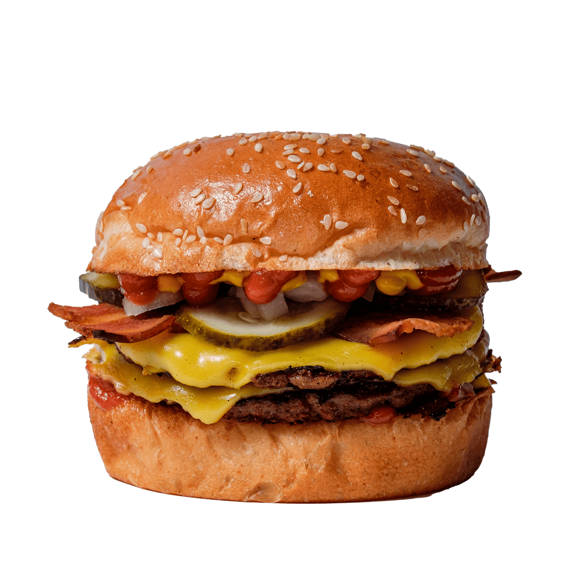Double cheeseburger with vegan bacon, pickles, kethcup and mustard. 