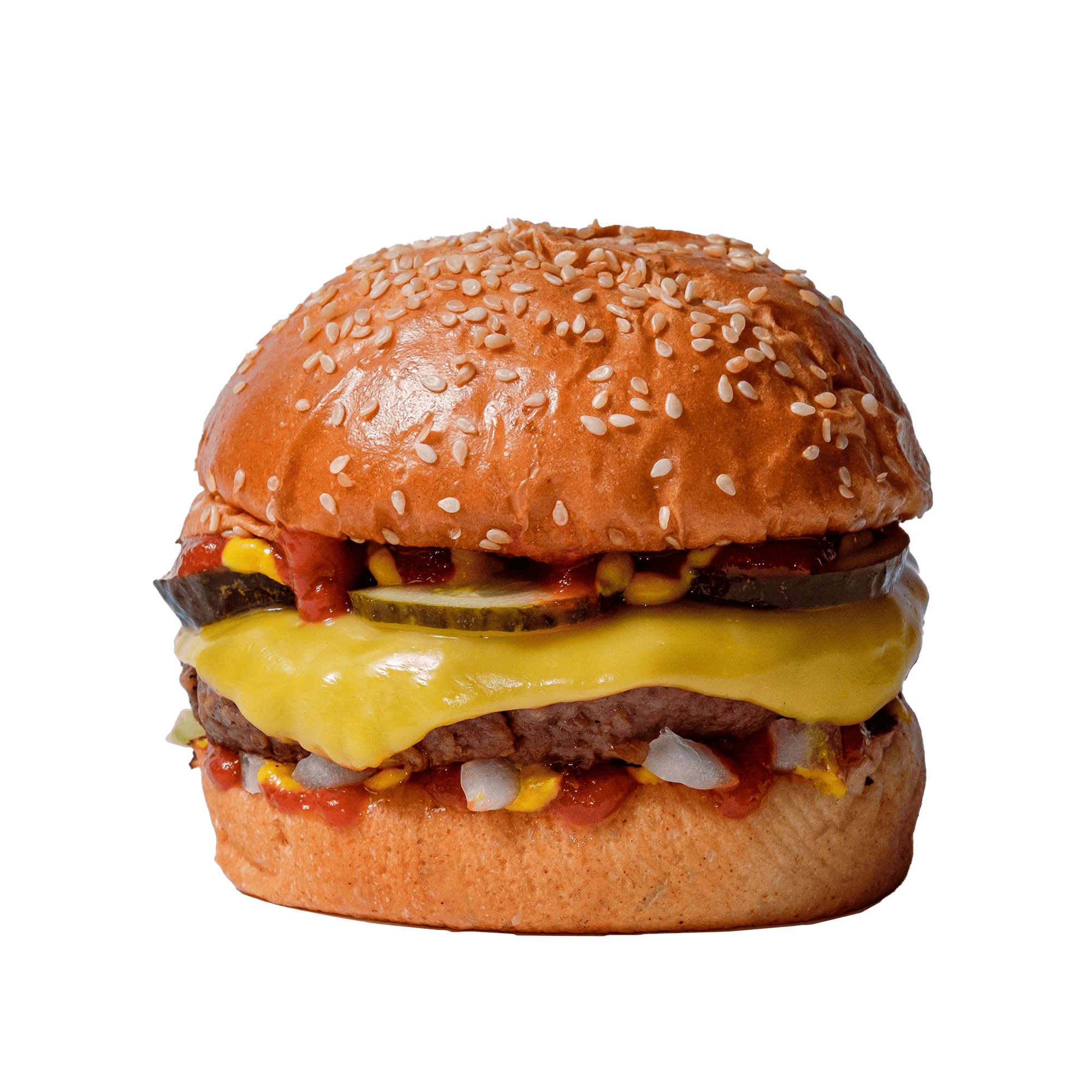 Vegan cheeseburger with pickles, onions, ketchup and mustard. Topped with a sesame bun.