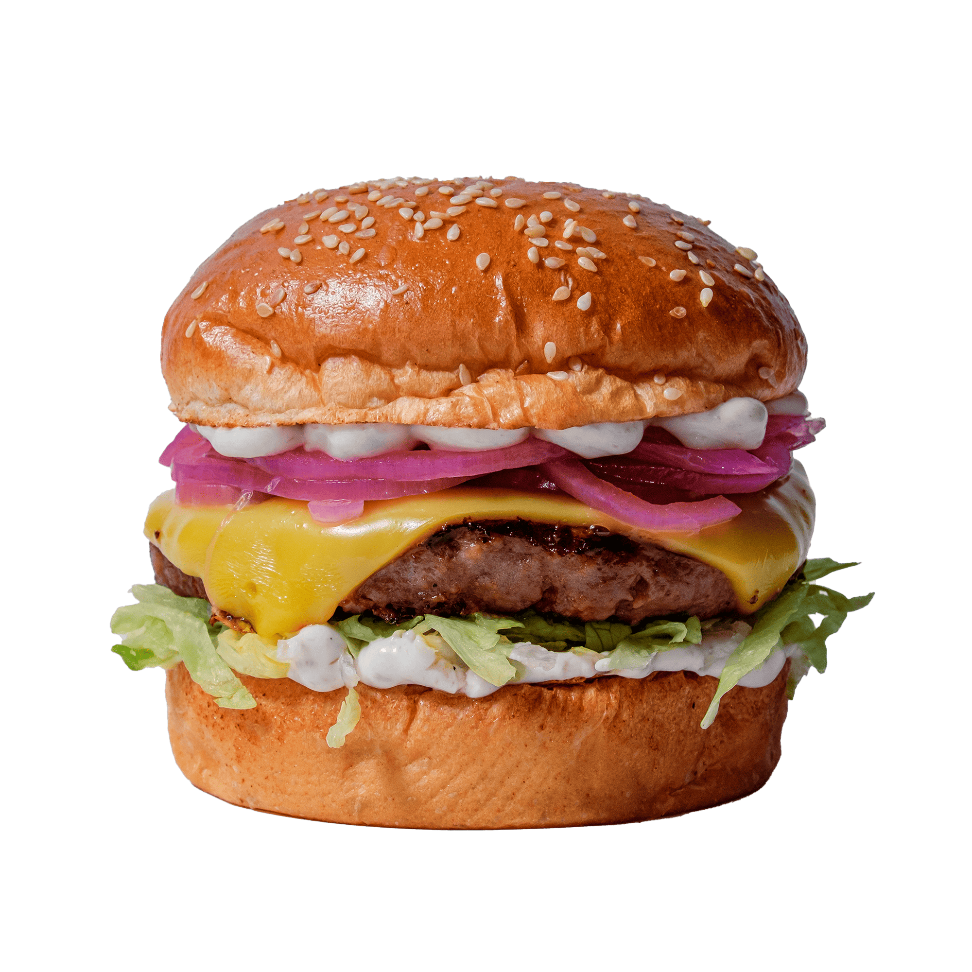 Vegan truffle burger with cheese, pickled red onions and lettuce, topped with a sesame bun.