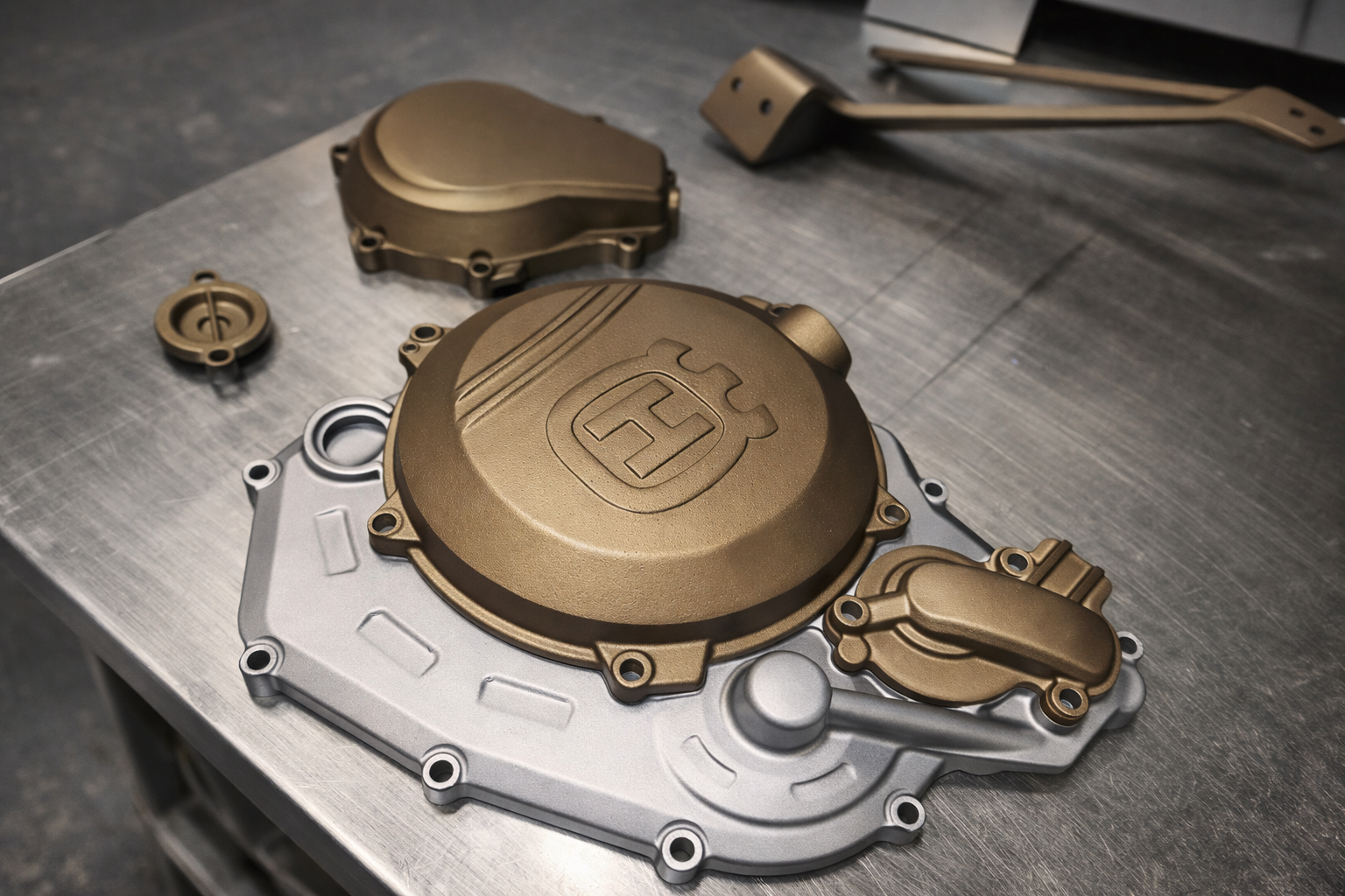 Disassembled motorcycle engine parts on a metal work surface, including a gold-colored engine cover with a logo, a metal base plate, and other components.