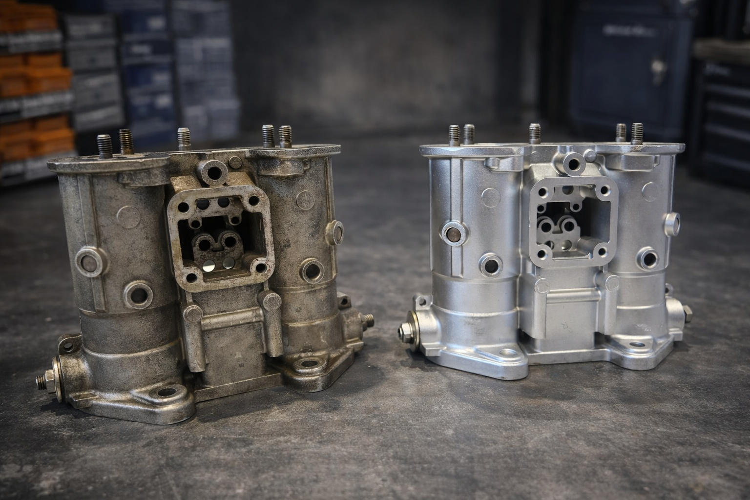 Comparison of two carburetor parts, one old and rusty on the left, and new and shiny on the right, placed on a black work surface in a workshop. Showing the difference blasting can make.