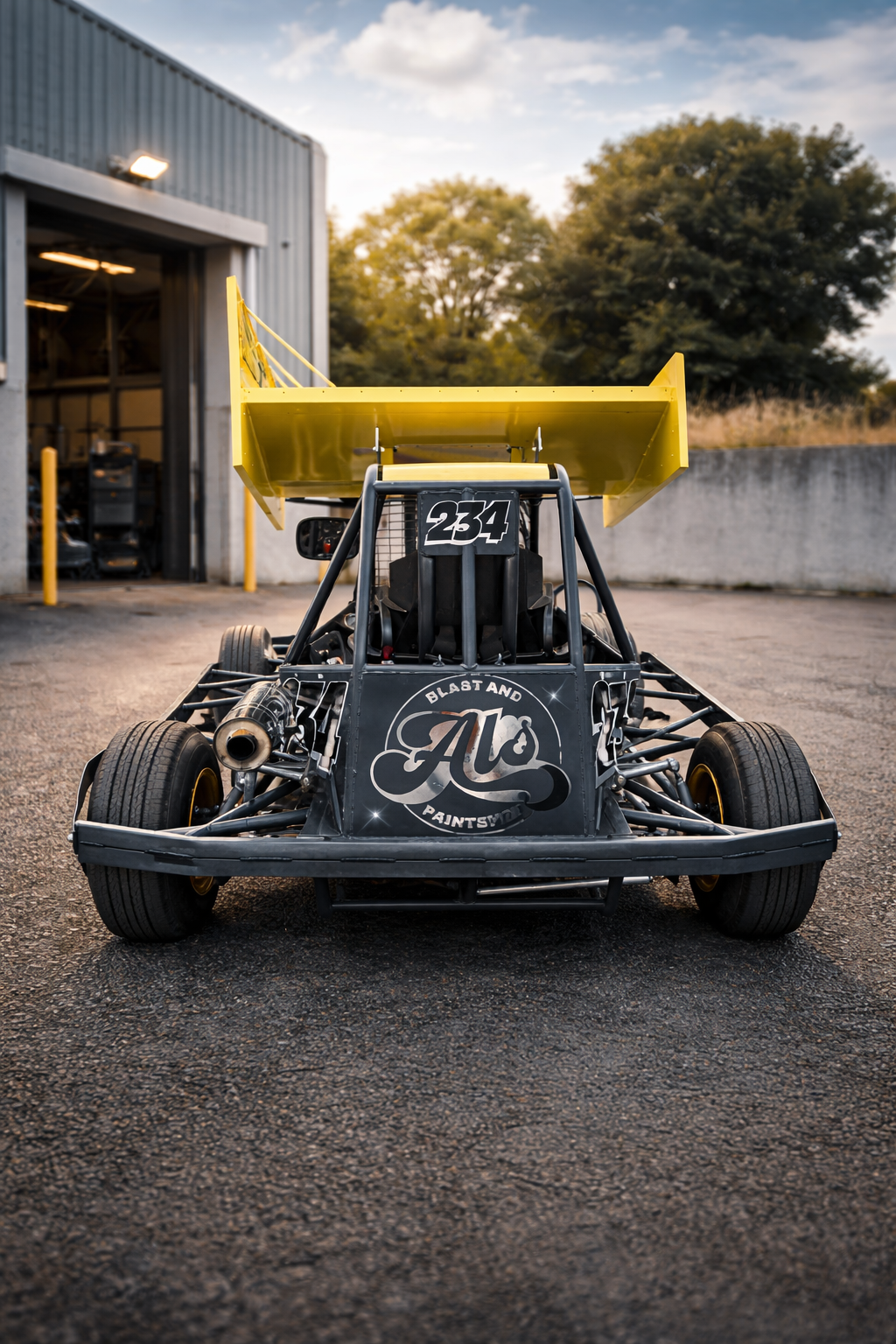 A black race car with a yellow wing on top, parked outside a garage, labeled with the number 234 and a logo reading "Al's Blast and Paintshop" in a parking lot during daytime.