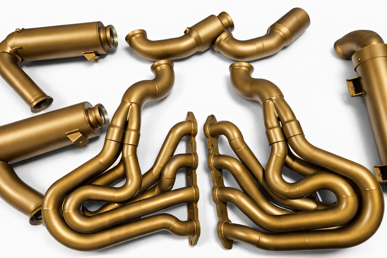 Several cerakote gold-colored metal pipes and exhaust components arranged on a white surface featuring a Cerakote finish.