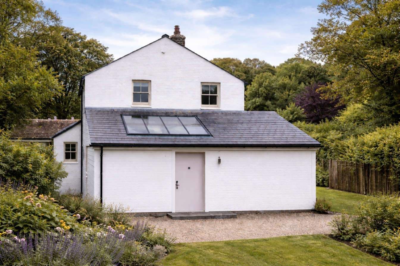 A white brick house with a black roof, a large glass skylight, and two small upper windows, surrounded by greenery and a wooden fence.
