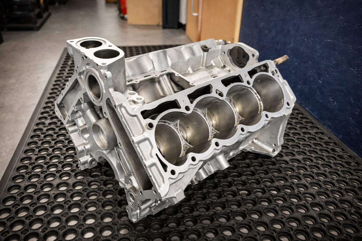A silver car engine block with four cylinders, placed on a black rubber work surface.