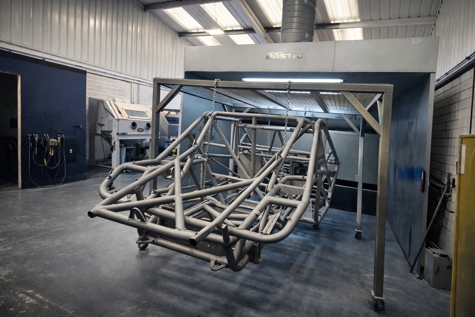 A metallic racing car roll cage suspended on a frame inside a workshop or manufacturing facility.