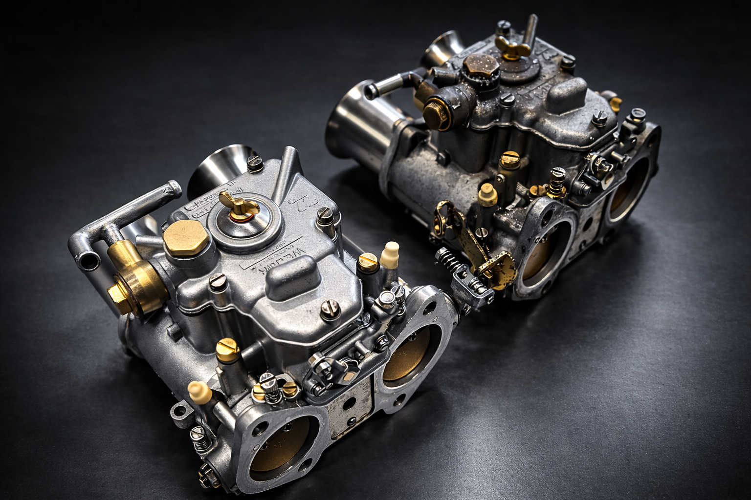 Two metallic carburetors comparing a before and after of a blasting process.