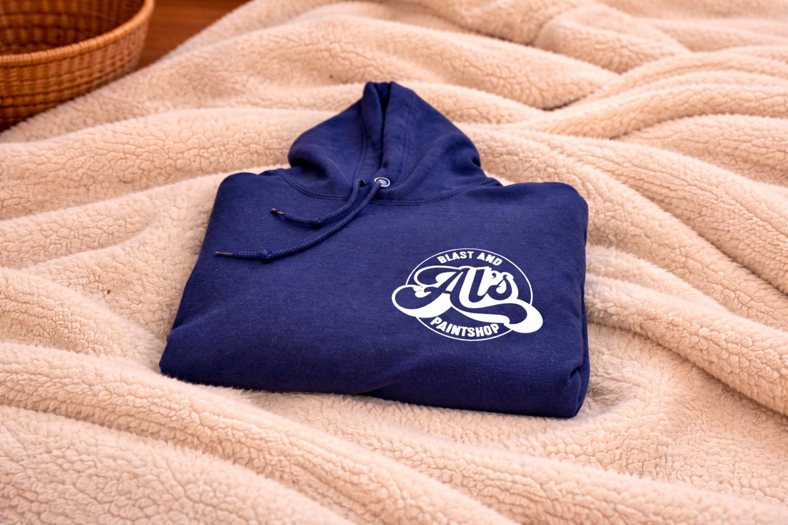 A navy blue hoodie with a white logo that says "Al's Blast and Paintshop" is folded and resting on a soft, beige, textured blanket.