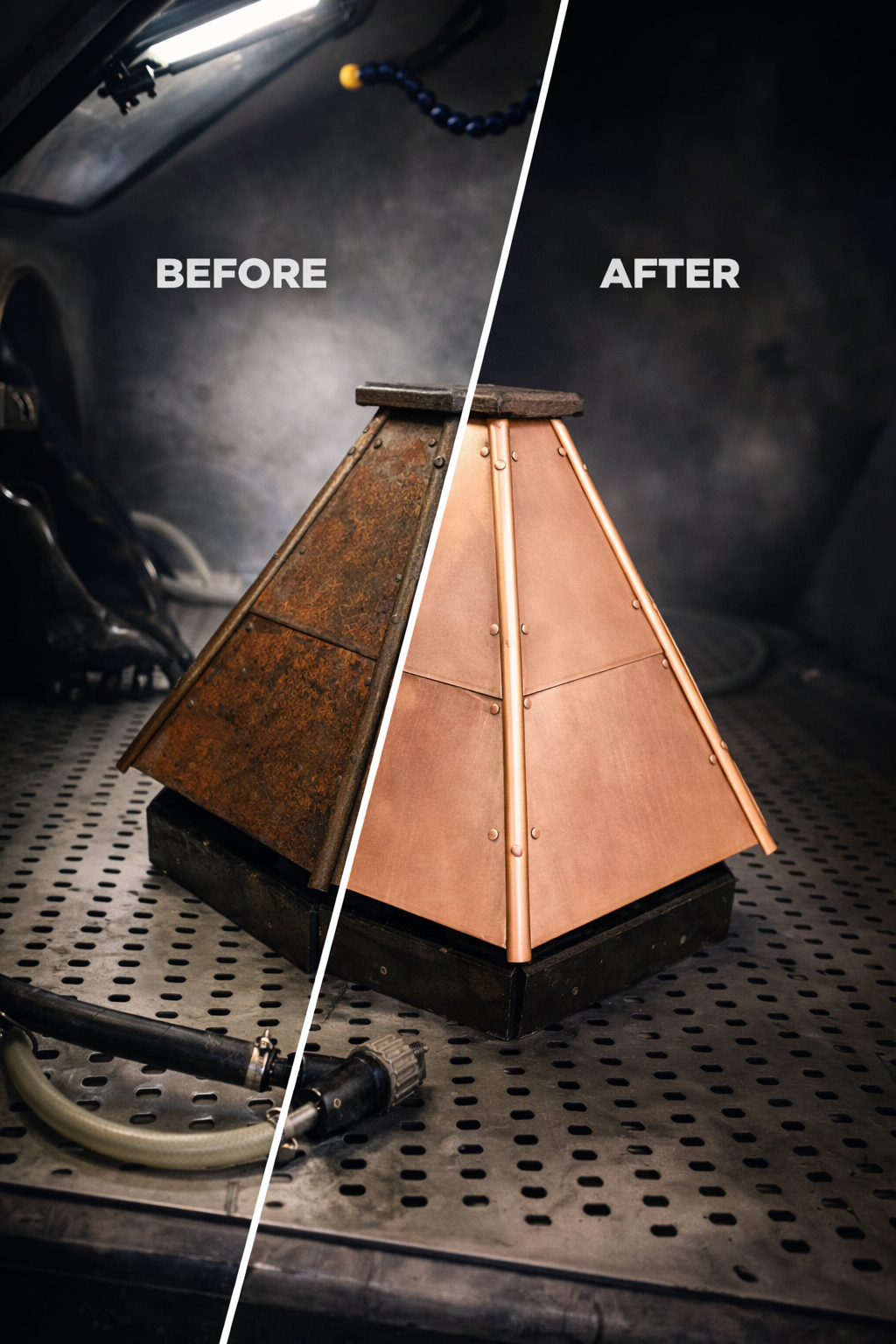 A metal pyramid-shaped object shown before and after restoration. The 'before' side is rusty and weathered, while the 'after' side is clean and polished with a copper finish.