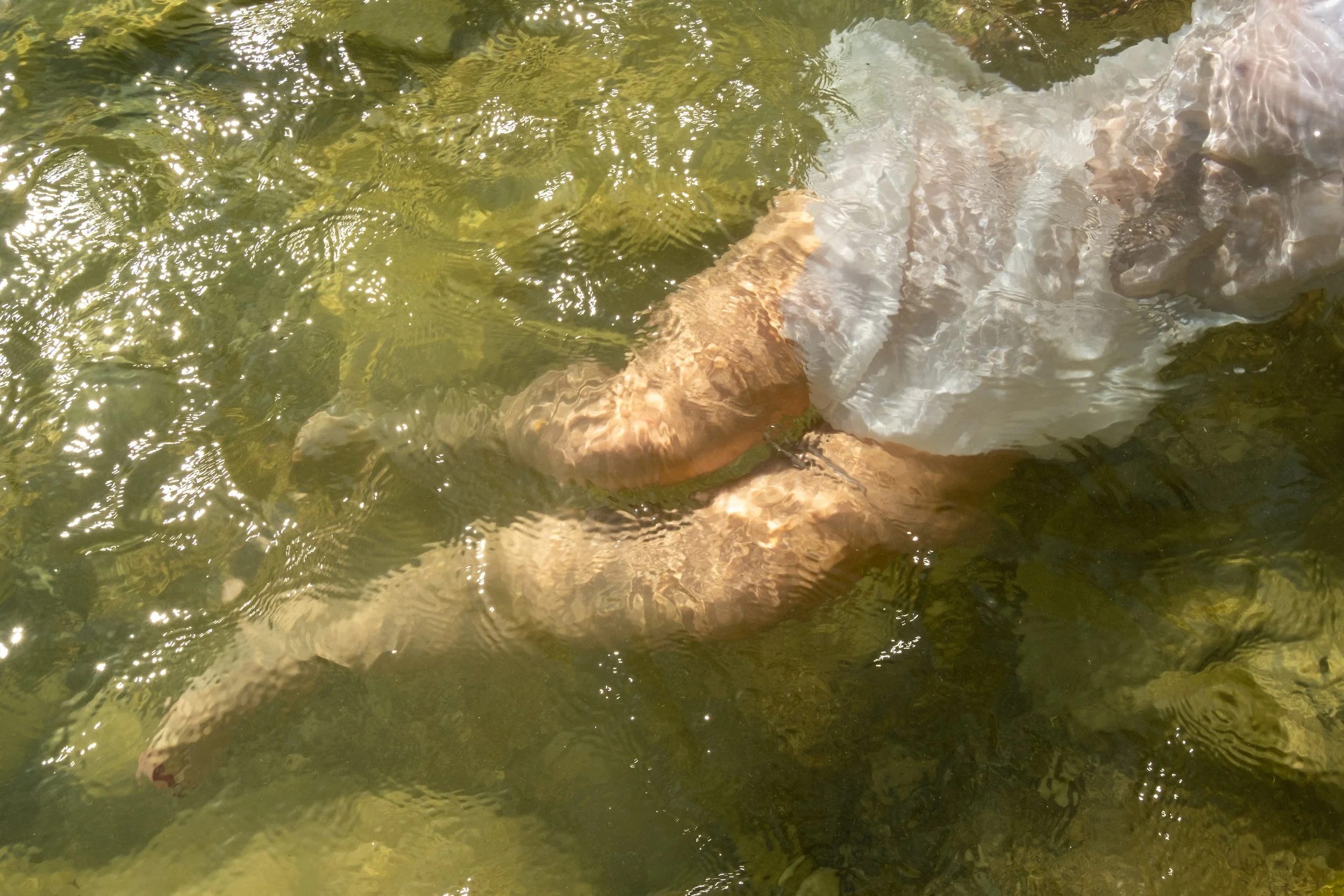 Clear water containing submerged rocks and ripples from movement.